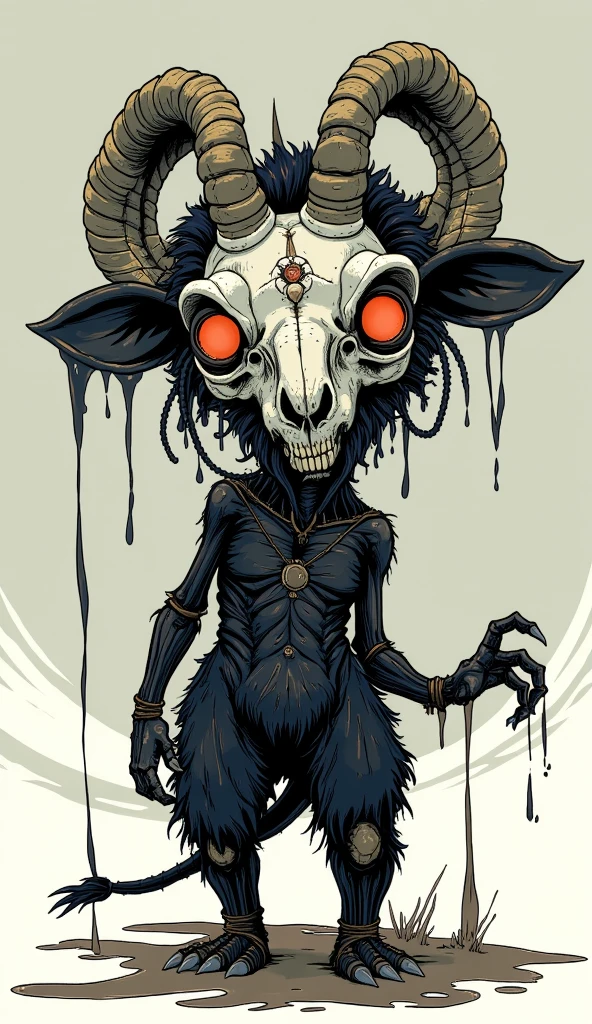  chibi,  Or、he has a sheep skull instead of his head、he can make a devil with another pair of horns, eye (  In other words, , hole )  and his other mouth ,  sharp teeth in his mouth ,  his whole face is stained with black slurry ,  he has black fur , 4 meters tall , sharp claw, Skinny Body ,  instead of his neck, he has the same thing on his spine and torso ,  and his hooves and hands are also stained with black slurry .