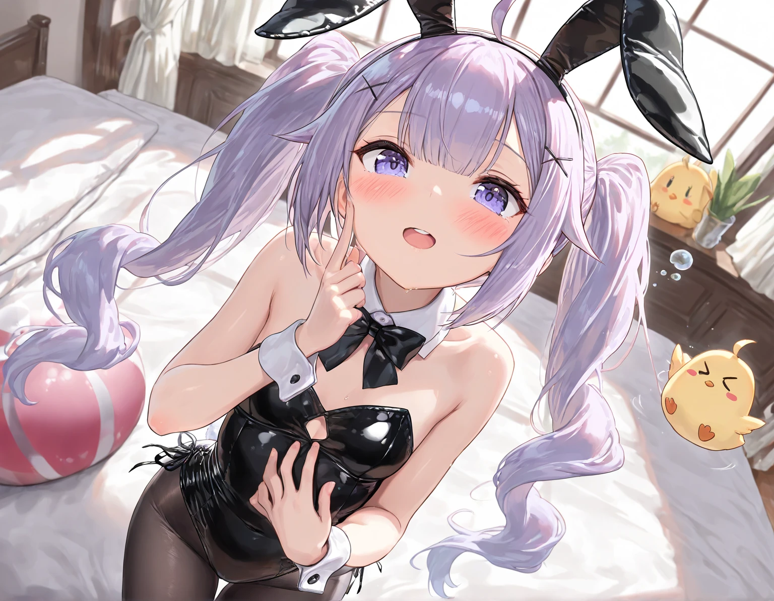  (Cute a girl:1.5), (a girl with closs hair pin, pale purple hair, low twintail, blunt bangs hair, green and black eyes, smiling:1.4), anime visual, (tilt head:1.3), realistic lighting and shading,muted colors,soft focus, (an extremely delicate and beautiful art:1.3),playboy bunny, rabbit ears, black rabbit ears, fake rabbit ears,
black leotard,
pantyhose, black pantyhose,
bowtie, wrist cuffs,