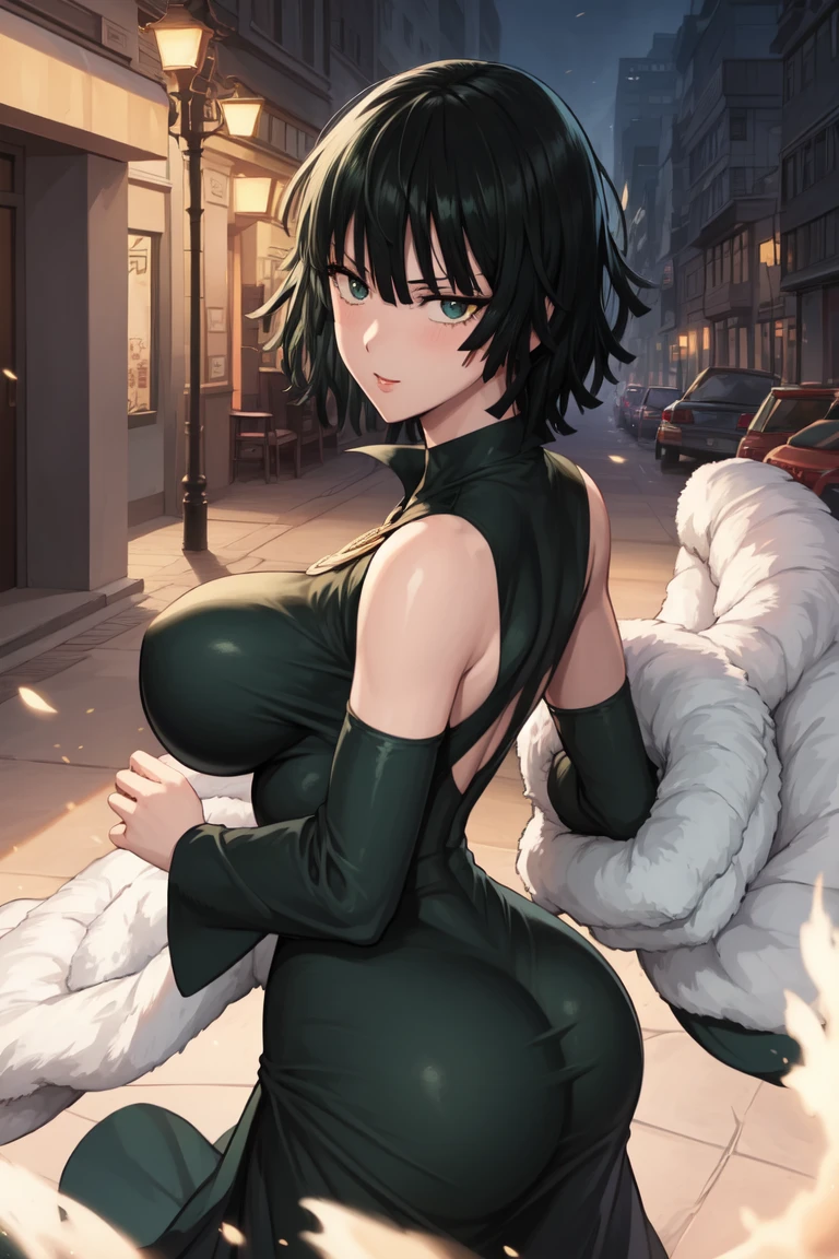 Anime art style, Fubuki from one punch man, green hair, white skin, wearing V-neck dress, cinematic lights, blushing cheeks, smilling, big breast, beautiful scenery. 1girl, solo, smile, looking at viewer, breasts, large breasts, cowboy shot, makeup, closed mouth, turtleneck, arms up, arms behind head, detailed eyes, half-closed eyes, curvy, wide hips, covered navel, impossible clothes, outdoors, night, sky, clouds, stars, streetlights, lights, buildings, plants, bushes, (narrowed eyes:1.2), (squinted eyes:1.2), BREAK masterpiece, best quality, highly detailed background, perfect lightingbest quality, ((shiny skin, glossy skin, detailed skin)), (((detailed lips))), (((detailed eyes)))