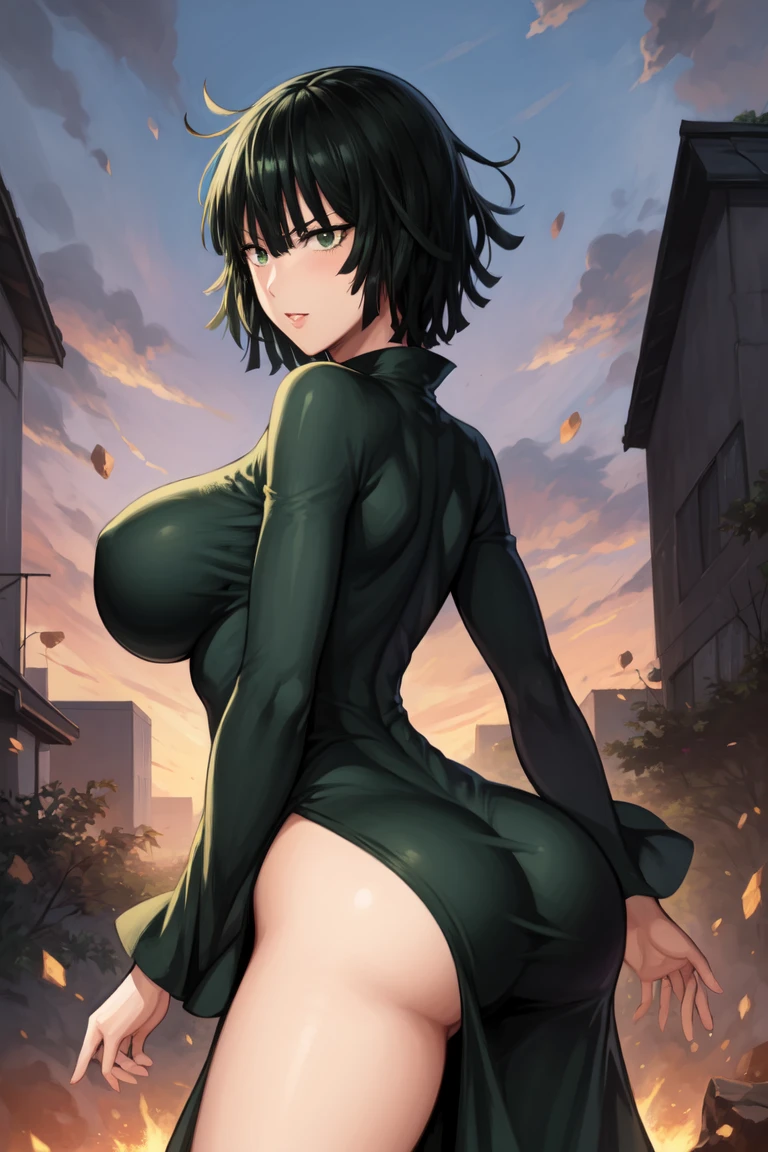 Anime art style, Fubuki from one punch man, green hair, white skin, wearing black underwear, sitting on a destroyed city, cinematic fog, blushing cheeks, blush expression, dynamic pose, big breast, big hips, NSFW, side view,