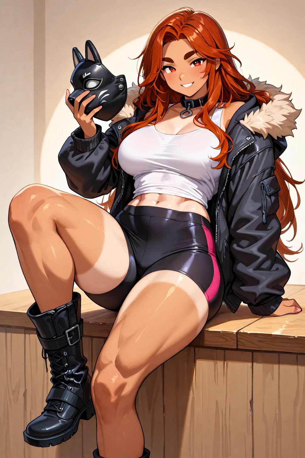 A slim beautiful girl,18 years old,Good shape,Pretty Face,detailed picture, blush,Light long hair, Wearing a strapless sports bra, Wearing black tights, Wearing boxing gloves, Alone and riding on the opponent in a sexy position,Large Breasts,Cleavage,Thin legs,nipple,Camel toe