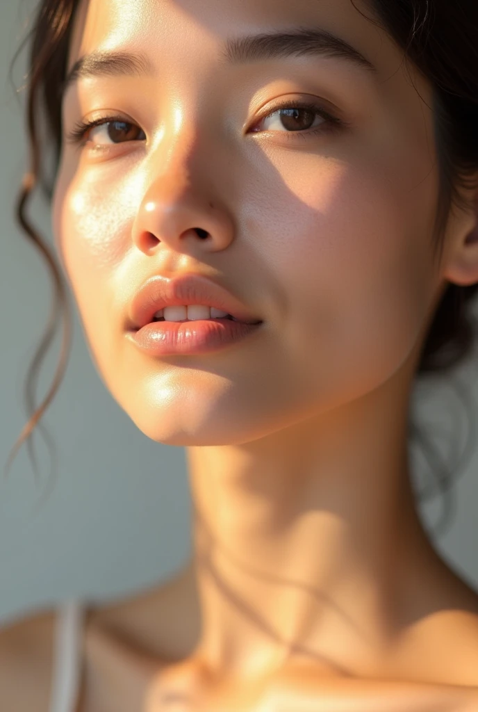 raw photo of beautiful female, looking at camera, centered portrait upper body, Polynesian beauty, slim perfect face, natural look, playmate, wavy hair, wet hair tied in a bun, supermodel, wet skin, moist skin, blushing cheek, very very small bust, closing eyes, feeling ecstasy, nude skin, in photo studio