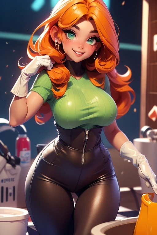 1girl, Best quality, masterpiece, cowboy shot, orange hair, green eyes, tight clothes, kpop idol, stage, wet, white shirt, dancing, sexy, short pants, dripping, spill, splashing, big boobs