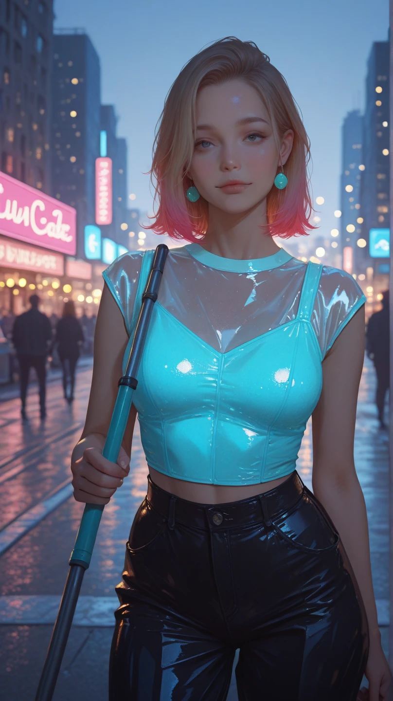 anime photo, night photo, anime photo of 24 y.o beautiful fat woman, pale skin, bokeh, motion , oiled huge boobs, fully clothes, blue tight shorts, 2 colours hair,