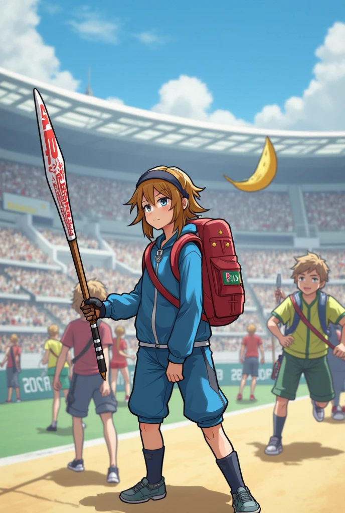 a young man in an astrologer's cap with a magic staff, in shorts and a medical gown stands at the finish line next to an ambulance in anime style