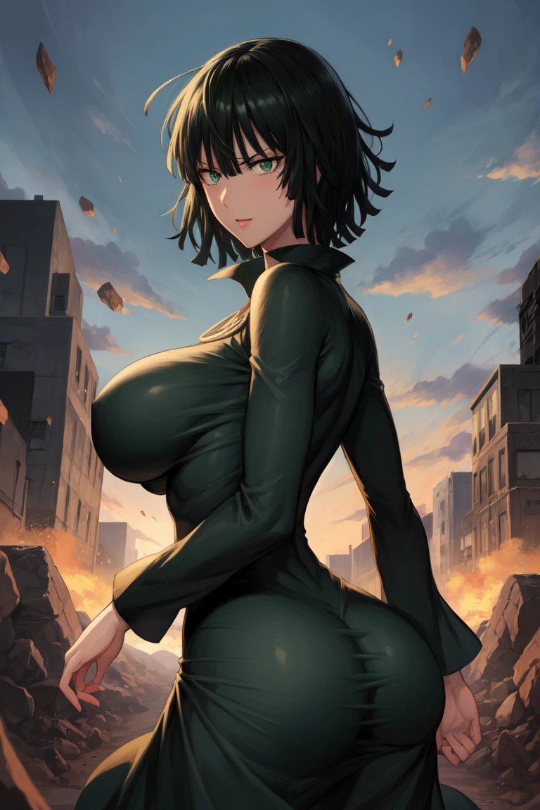 Anime art style, Fubuki from one punch man, green hair, white skin, wearing V-neck dress, standing on destroyed city, cinematic lights, sunlight, smiling blushing cheeks, big breast, big booty, back view.
