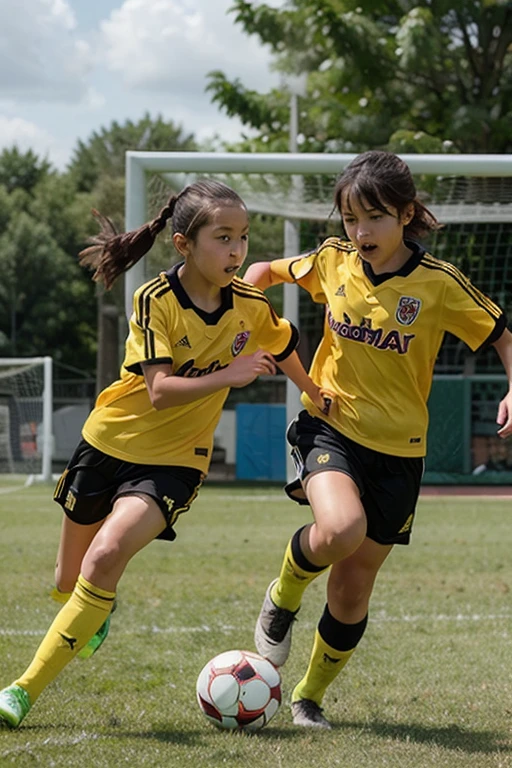 7 year old girl, shoulder-length straight dark hair, vibrant dark brown eyes, tan skin, wearing a Minas Gerais athletic football team Joy happily with grandparents