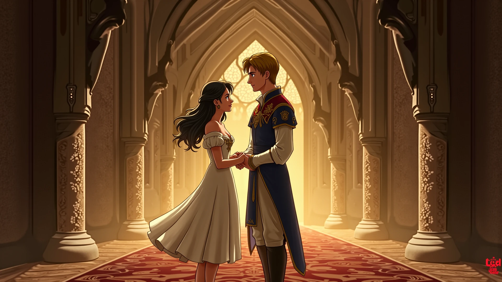 Lily Collins, who has curly black hair, wears a medieval dress. the Neels Visser wears a medieval military outfit and has blonde hair. The couple is waltzing in the ballroom. The illustration is like a book cover with a detailed, bright, illuminated, ultra detailed background, concept art, elegant, art by Greg Hildebrandt, Samyang