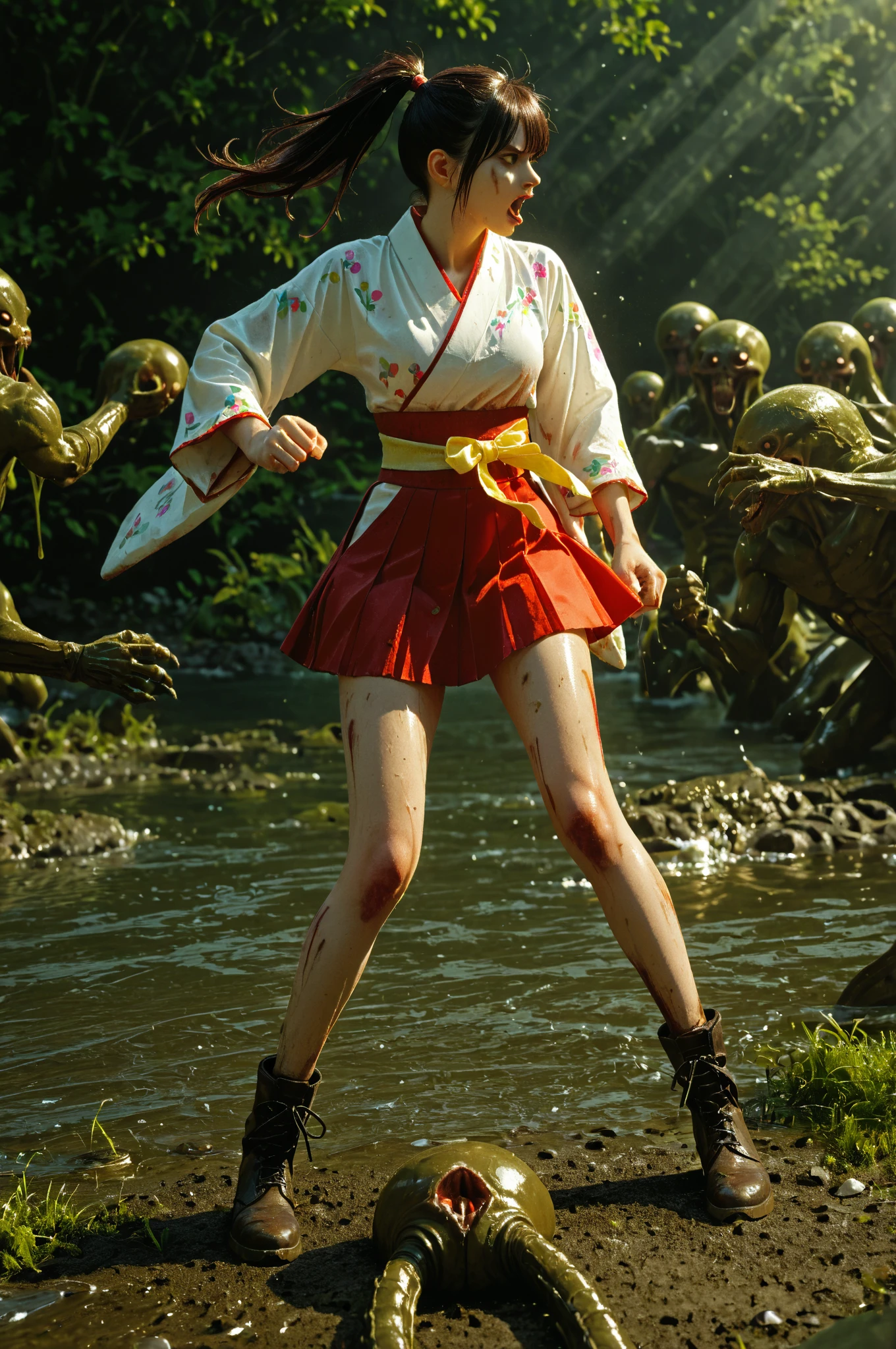 a close up of a person laying on a ground with blood on the ground, bloody scene, clean brutal blooded face, dead or alive 6, dead bodies in the background, gameplay footage, ingame shot, destroyed body, ingame, in-game footage, in - game footage, in - game, in-game, insanity girl summon her death, from ncsoft
