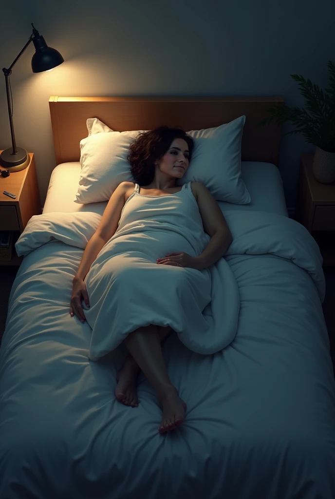 full body view a woman lying on a luxurious mattress covered tightly with three layers luxurious dark blue blankets, very thick, very soft, very soft and very heavy, lying on a very soft bed with purple sheets. The person is covered completely from head to toe so it looks like a cocoon and mummy, the position of the picture shows the whole body, only a small part of the face and hair are visible, showing white skin. The scene is illuminated by dramatic, warm lighting, with deep shadows accentuating the contours of the blankets and the curves of the woman's body, highlighting the intricate patterns of the fur blanket and the gentle curves of her body.