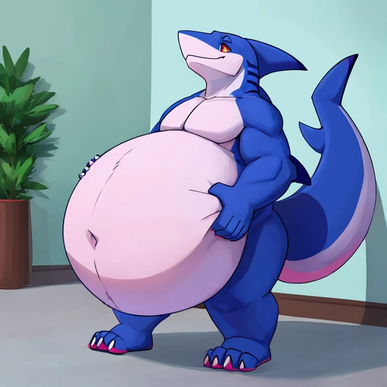 Garchomp, obese, massive belly, massive thighs, reclining on his side