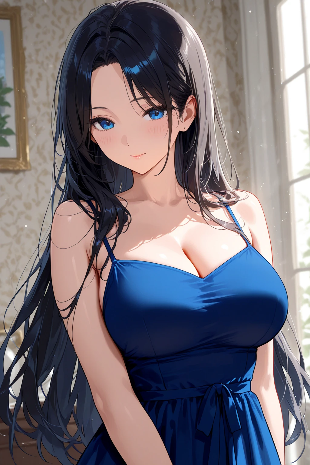 masterpiece,, best quality, beautiful lighting,((, slim girl)), NicoRobinV2, 1girl, black hair, long hair, solo, large breasts, smile, blue eyes, closed mouth, hair slicked back bikini