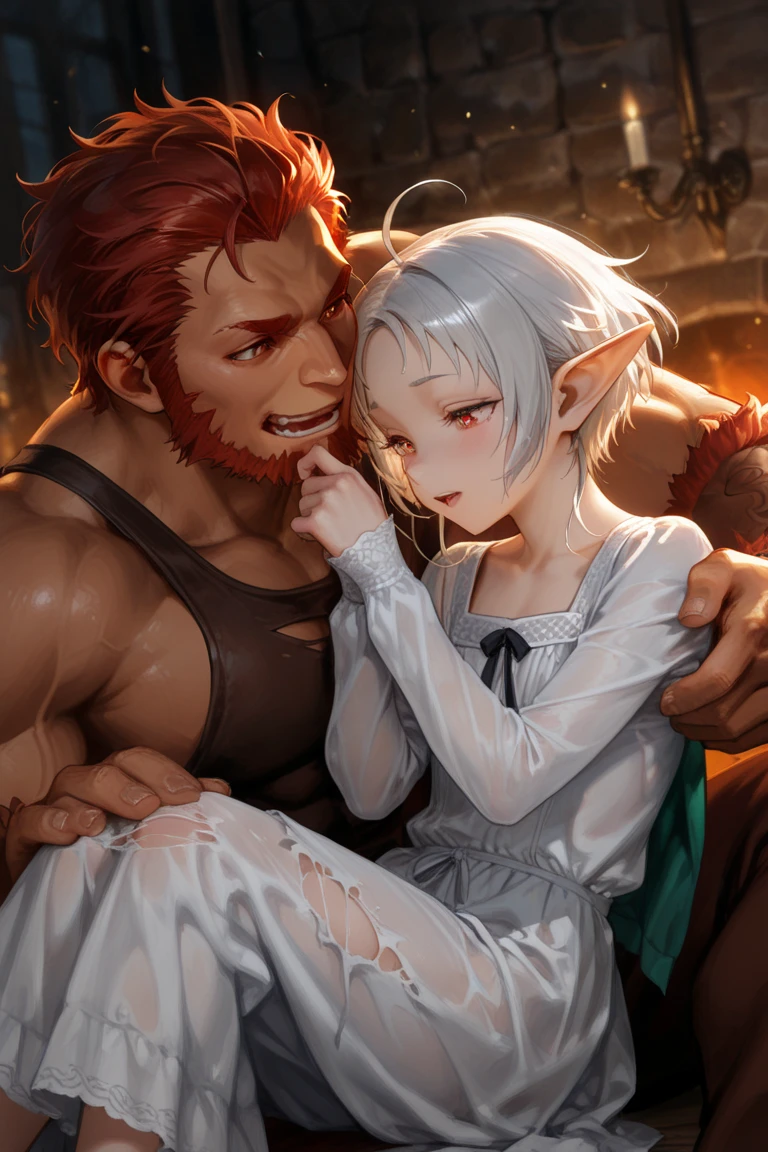 A beautiful girl and a handsome boy(their a couple),the girl has: short white hair,pointy elf ears,and violet eyes,the boy has messy Orange hair,and ash brown eyes (the boy is hugging the girl sitting on his lap)