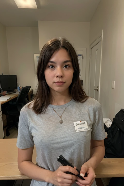 photo of a busty woman (wearing a red polo shirt), chubby, in the teacher's lounge, (upset face), natural breasts, pouting, [high resolution], thick fabric, selena gomez
