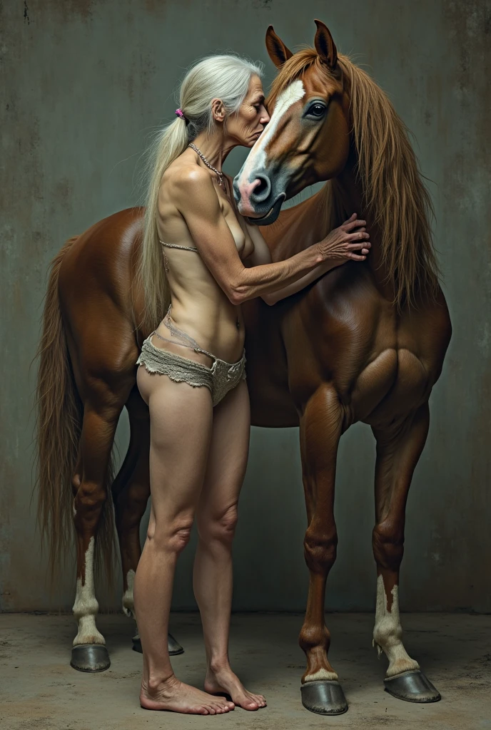 Black and white fashion photo of tall blonde undressed nude guy riding black horse. black leather boots only, bare skin