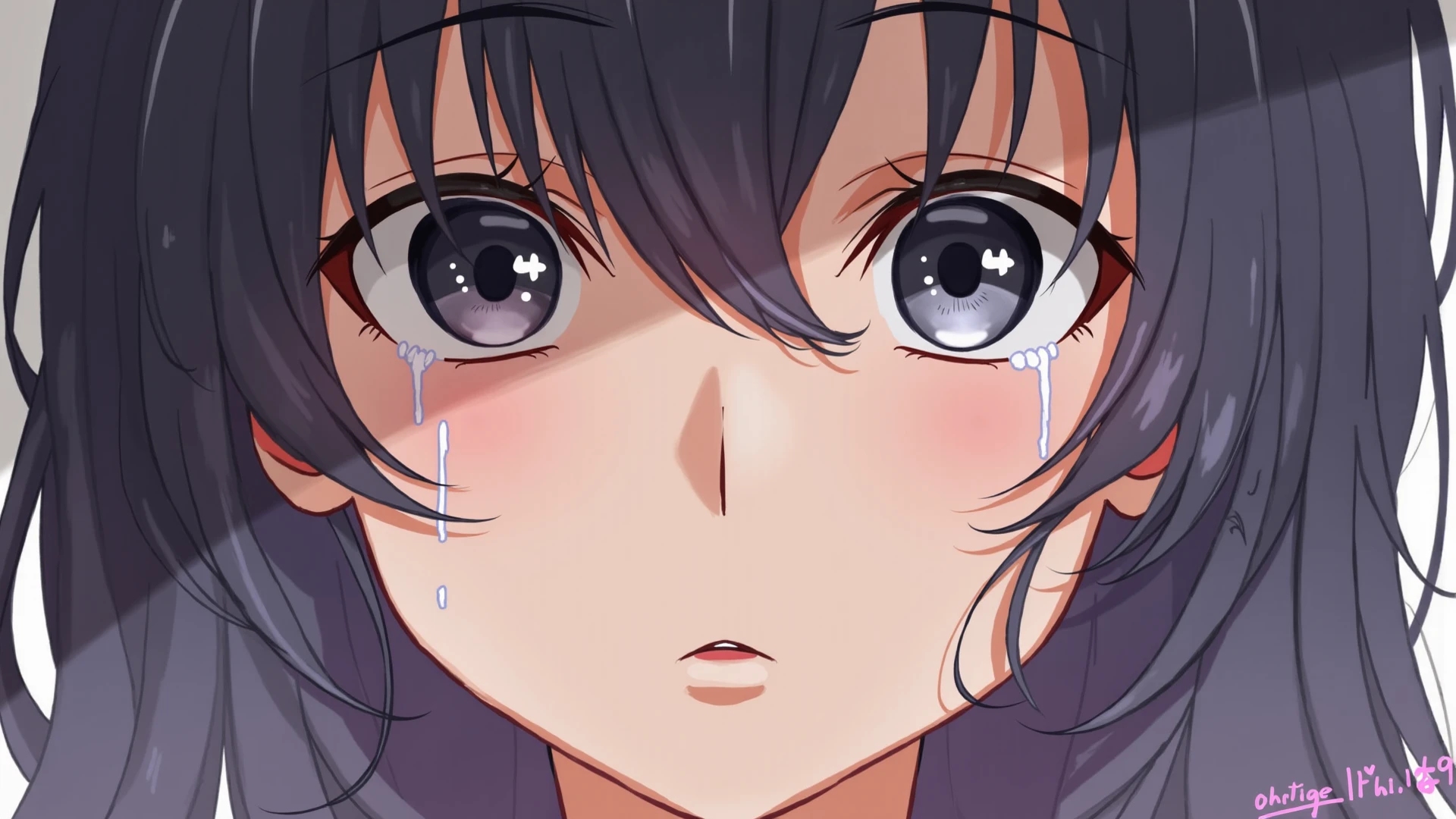 front view,face focus,An open-front shirt,bra,open mouth,tongue out,cum on tongue,lick,(1girl,Beautiful 14 year old girl),front face,from front,front view,looking at viewer, looking ahead,Black Hair,Beautiful and detailed anime art,Dimly lit room,Simple Background,Gray background,Low lighting