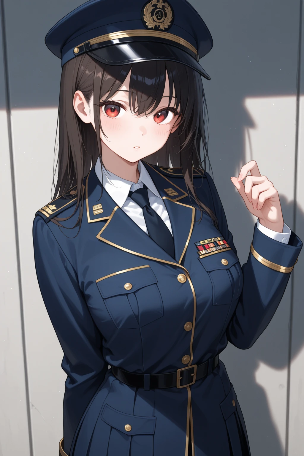 Dark blue Military Uniform, Black Hair, Breast, Military Cap