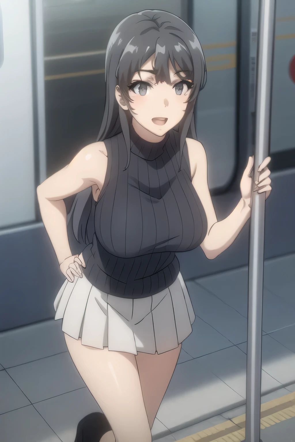 こちらを見て微笑んでいるnice smileの女性,big boobsと更にbig boobsを描いてください,a cop wearing a miniskirt,a woman with long dark hair ,A face is absolutely necessary,Sleeveless black woolen sweater,Hide your chest with a costume,High socks on my feet,Accurate representation of hands and feet,Draw something big ,,,nice smile,A face is absolutely necessary,pleated miniskirt,Can you draw a woman staring at a train,draw a picture of a woman standing in front of a car waiting,東京の地下鉄ホームでWaiting for a train女性は描けますか, ,congestion,Waiting for a train,Fun,Underground railway stations ,The sign hanging on the wall,{{X}},More delicate look ,Walking Alone, city tour ,,(((A woman with a nice smile looking at me {X} Tourist style casual clothes))), ,(More delicate look を描きましょう),(sleeveless wool sweater),( Pleated Legs,white panties),(That job is enough for 1 person {X} is very important for work)、。unless the job requires it。 {X}、 , An attractive 20-year-old woman taking off her uniform、jump off, Big black wavy hair, , big boobs, thin waist , , ,Faces are very important,