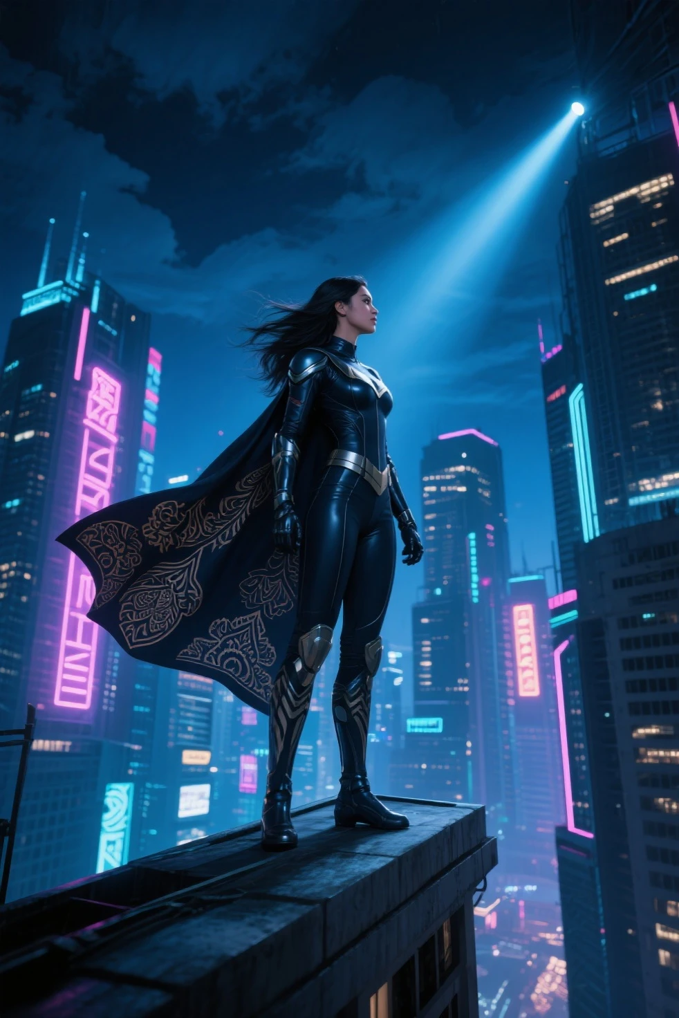 Sri Krishna wearing blue cyborg costume standing on the top of tall building and looking towards the city.
