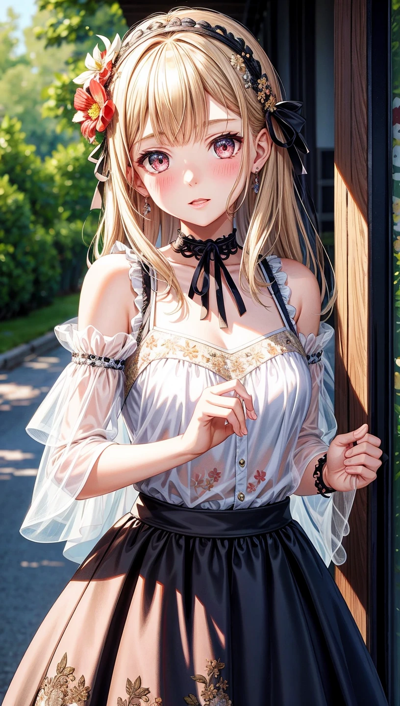 (best quality, masterpiece), 1 girl, intricate details, Off the shoulders, skirt, collar, decorate, perspective, looking at the audience, blush, lower body, blurred background, floral, contrasting,pussy,No panties,masturbation,掀skirt