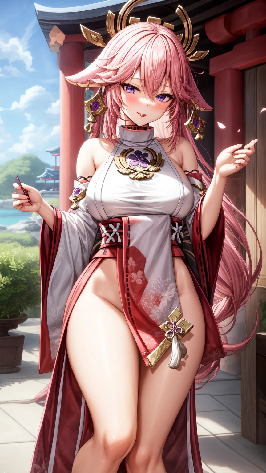High quality, incredibly_absurdres, 1 girl, yaemikodef, yaemikornd, perfect face, (shy: 1.3), sun, sea, shrine