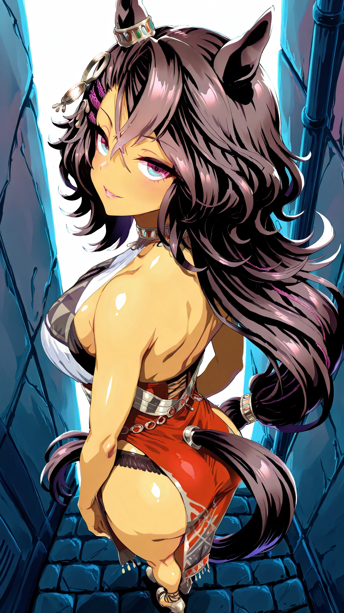 masterpiece,stunning realistic,best quality,sharpness,sharp face,smil,Photo of the fully body
black long hair,purple eyes,big ,tanktop,breast,Side breasts,cargopants with many pockets,open bellybuttons,opened up lags,black cloak,silver necklace,silver chain,black gloves
