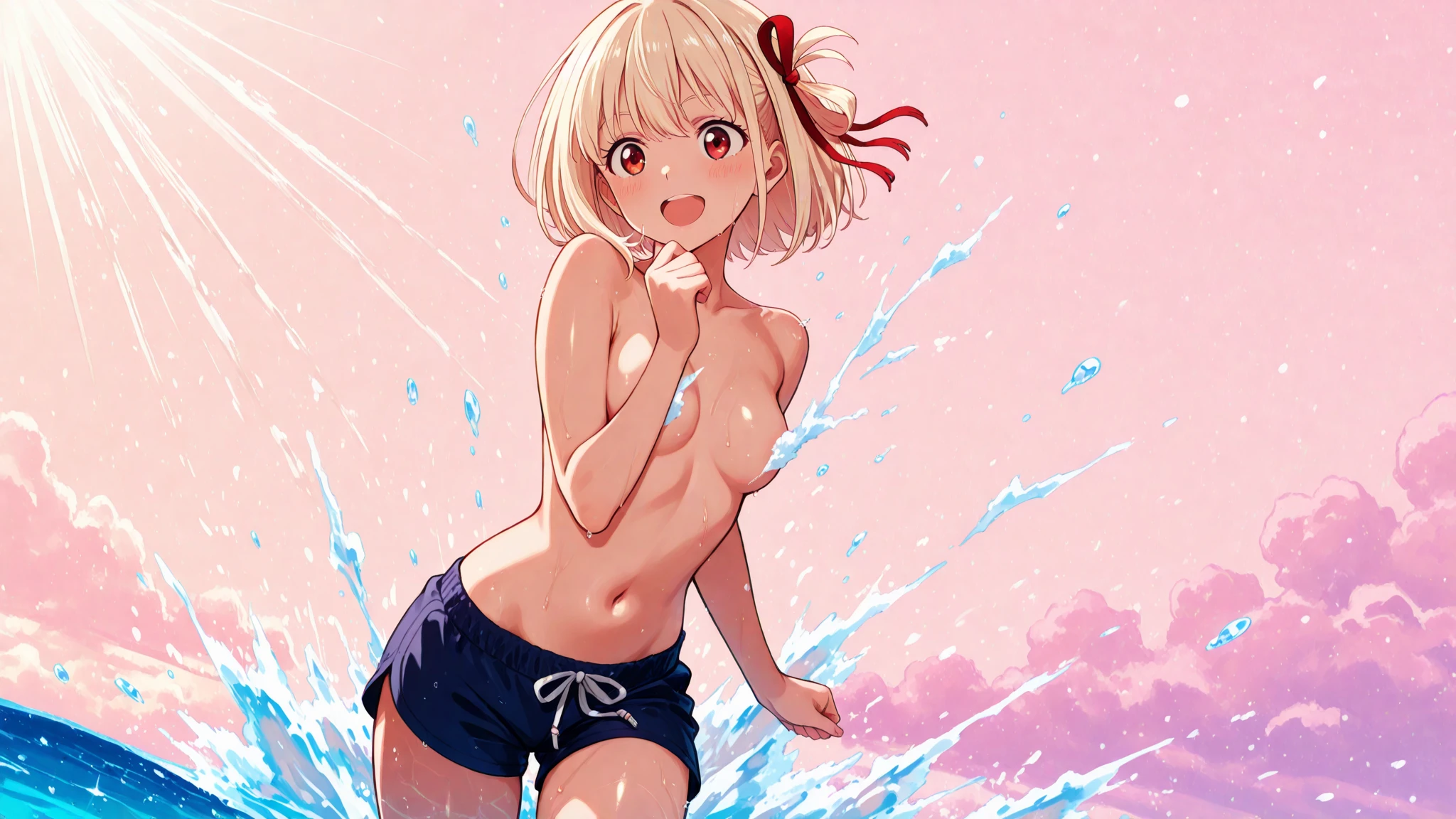(masterpiece, best quality:1.4), looking back at viewer, ahegaosmile,chisato nishikigi, blonde hair, short hair, red eyes,large breasts, hair ribbon, Smiling, looking at the viewer, blue theme, blue background, cloudy sky, sunlight, sweat, orgasmic, (Completely naked), full nude,(pinkcolor smallnipple),sea , head, Wave, splashe,