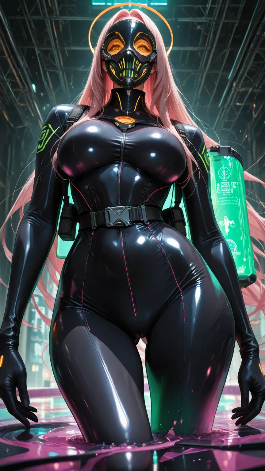 Extremely detailed CG unity 8k wallpaper, full shot body photo, (gigantic breasts), european, gorgeous clean face, (long pink hair), wide hips and waist, slim body, (wearing an sexualized futuristic suit), (visible navel), (visible thighs), (sanding in a cyberpunk office), skyscrapper and dark street trough the glass in background, sexy, sexualizedhes, high detail, sharp focus, dramatic, by deviant art and pornography, realism, beautiful and detailed lighting, shadows.
