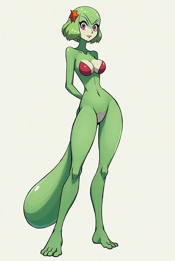 Bald, tall, shiny skin, gloss skin, huge breasts, lanky, long legs, long arms, thin, green skin, nude, four arms, pink nipples, black sclera