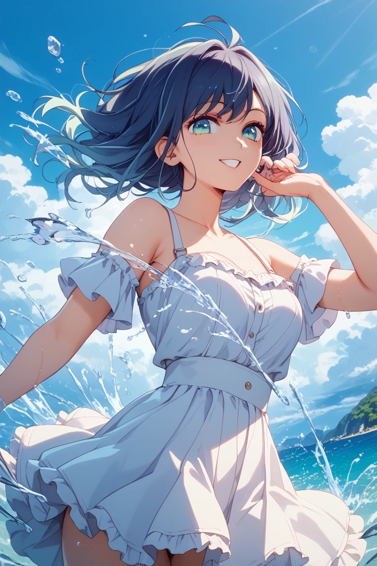 Blue hair, bob hair, Yellow eyes,water splash,smile,sea,