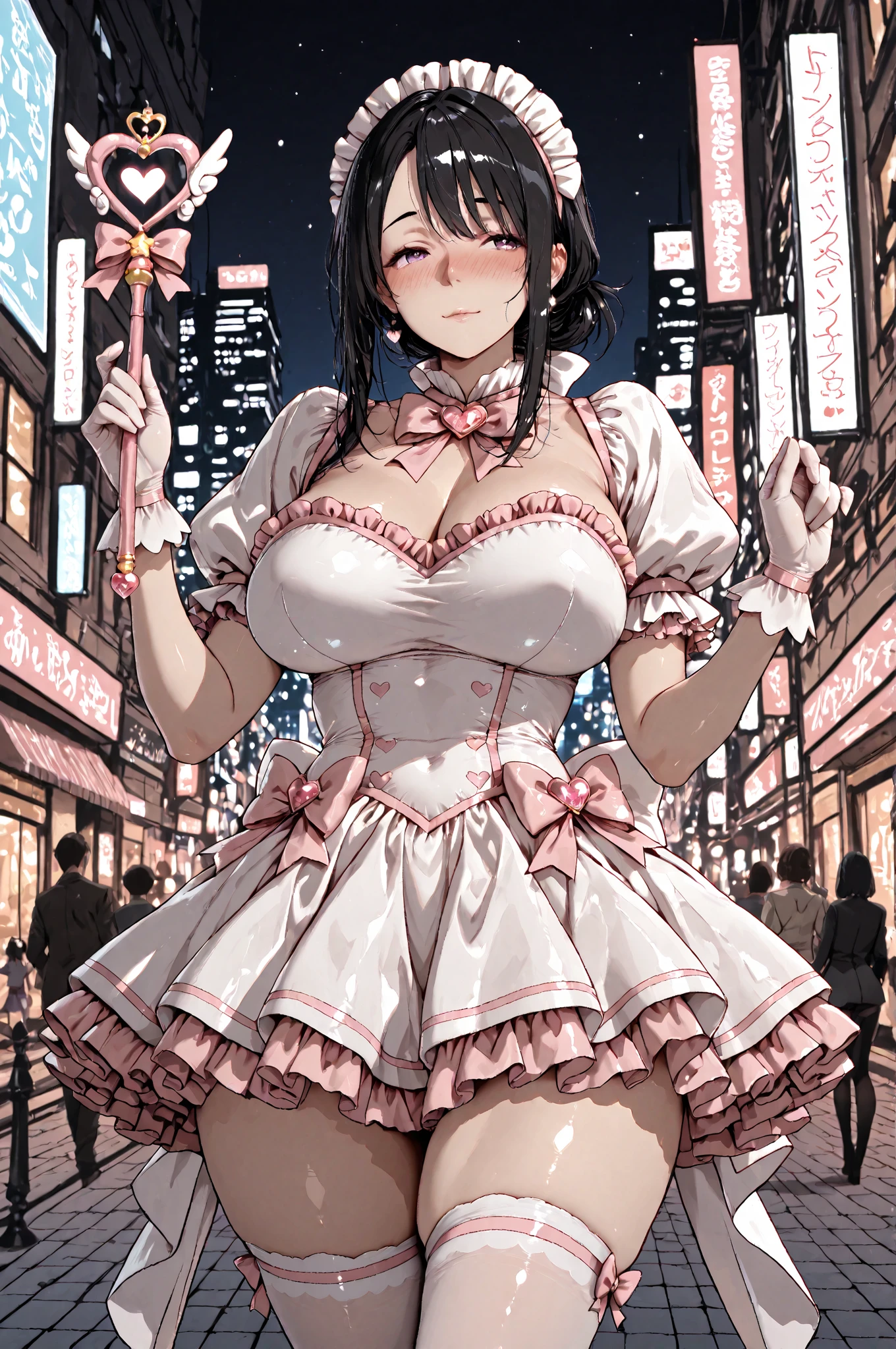 Hentai、High resolution、A busty girl with a plump figure smiles and shows off her sexuality in the downtown area、Pretty Cure、Katsushika Hokusai、Magical Girl Frilly Skirt Dress、Perfect proportions、Cowboy Shot、Fatty thick legs、Clear eyes