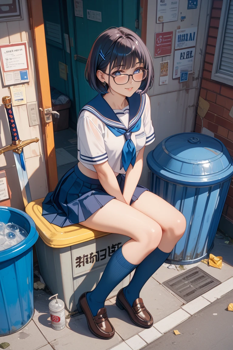 Lesbian、Sailor suit、Glasses、Pleated skirt、Hold out panties with both hands、(To pee:1.8)Panties as a gift、Nipples、Sailor suit、Pleated skirt、Nipples攻め