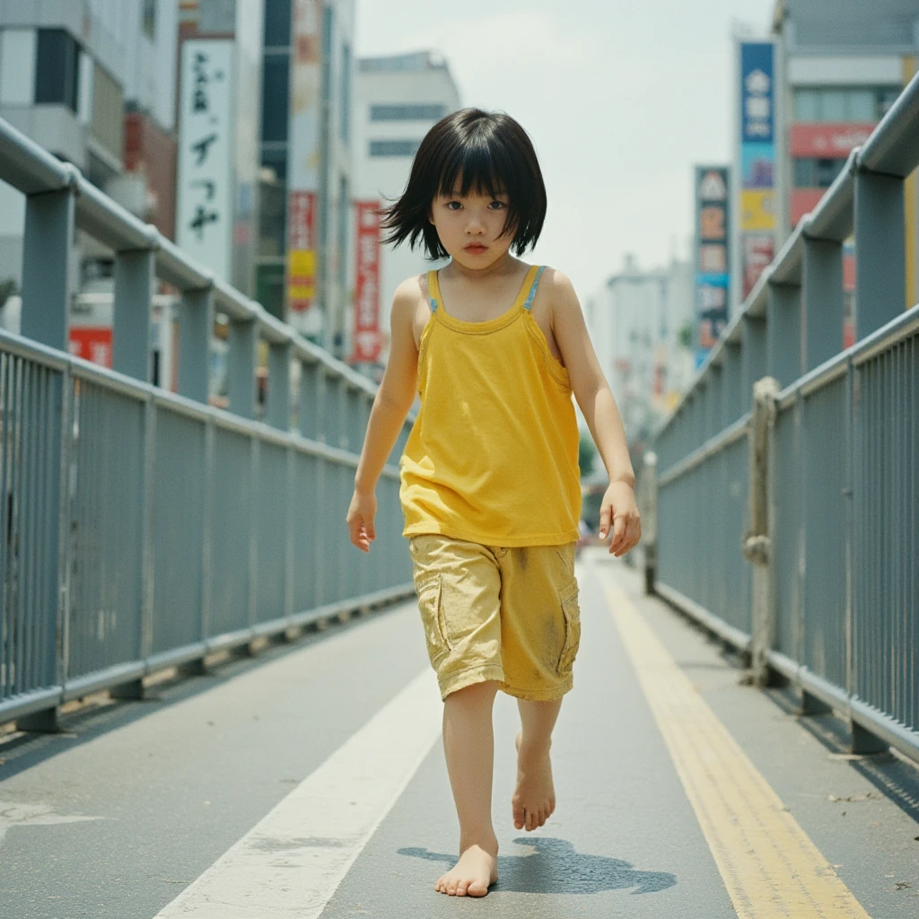 A 12-year-old Japanese woman is photographed from the front doing the splits while completely naked。short hair。Shibuya Station。many spectators。

