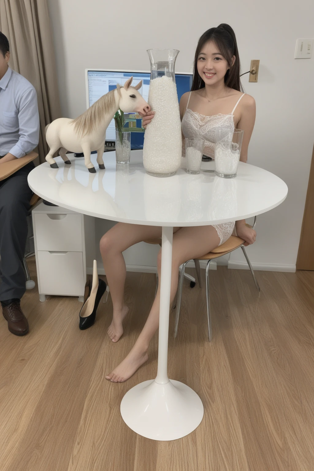 8k, hyper detailed, hyper realistic, Girl with white skin, shunny red hair, light green eyes, very attractive, very slim body, ponytail, naked, with purple headphones, best body details, full body, open legs, legs up, It's stretching your legs, feet to camera, soles to the camera, whit headphones, sitting in a gamer chair, perfect feet, feet with 5 fingers, feet focus, vagina focus, open vagina, semen in vagina, piss, big tits, cum in feet, semen in feet, String thong, Mouth open, drinking a glass of milk that spills over his body, tits with milk