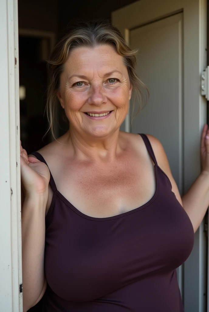 centre composition. subject low in picture. 40 year old curvy, plump, Mexican woman, detailed features, wrinkles showing the wisdom of years well lived. alluring sexy sensual woman wearing causal outdoor clothes, standing on high hilltop above Mexican village. vintage photograph. 8k cinematic. hyper-realistic. 
