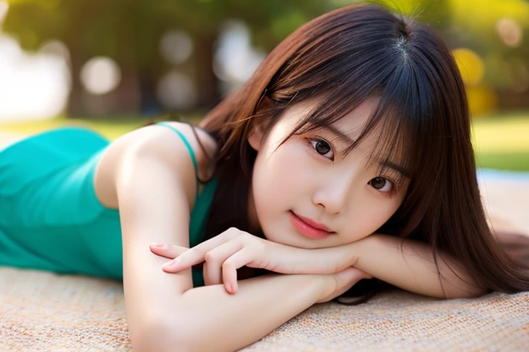 8K, masterpiece, Raw photo, highest quality, realistic, extremely detailed CG unity 8K wallpaper, cinematic light, Lens flare, ray tracing, (very beautiful face, plump lips, beautiful eyes, Big eyes), deep shadow, beautiful japanese woman, 35 years old, 1 girl, (very slim slender fit-muscled body:1.2), medium breasts,mysterious look, (morning, (blurred background), pale light) ,clear eyes, black eyes, brown hair, walk, Lying on the grass, japanese model
