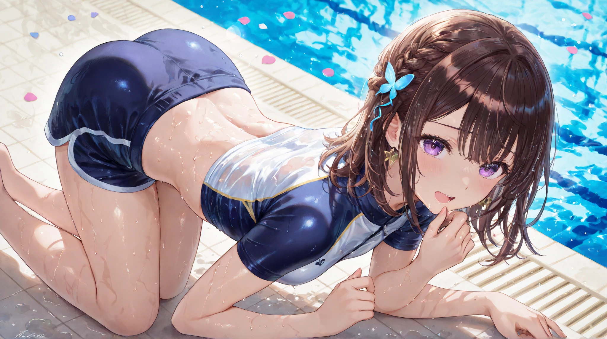 lighting like a movie、top-quality、1womanl、sports bikinis、sandpit、full of sweat、sitting and spreading her legs、embarrassed from、poneyTail、(((pee stain)))、