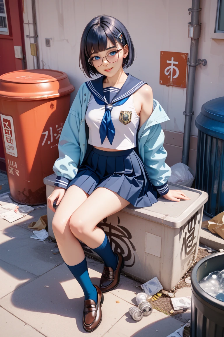 Suzuka, girl, short black hair, face, glasses, atarashii gakko leaders, sleeved sailor school uniform, red armband, white/blue shirt, and blue skirt, legs, white/blue high knee socks, shoes, sexy legs, front of view, panty line view, standing, firm ass, nsfw, ecchi, high cut panties, rule 34