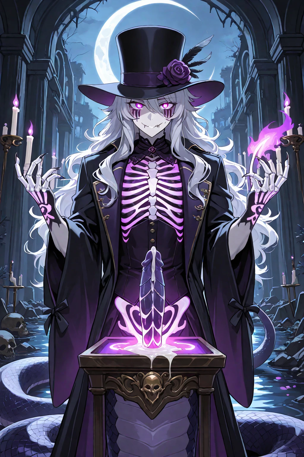 Anime girl in white hair black dress holding skull, beautiful goddess death, full portrait of the elementalist, white-haired god, astral witch costume, dark witch character, portrait of the holy necromancer, stylish dark witch, zerochan art, dark cloak necromancer, arcane art style, beautiful necromancer, black skull, dark fantacy,