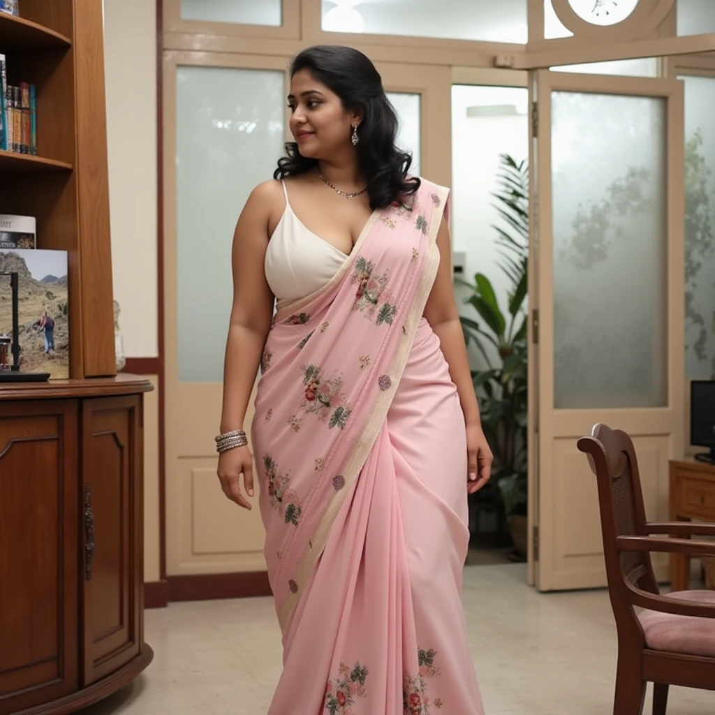Day scene, A radiant, full-figured South Indian 35 year old aunty a cream colour chiffon mini skirt and white chiffon shirt, standing, in a office captured in a full-body image with vibrant hues and meticulous details. Full body image