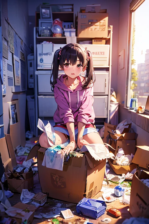 ((Masterpiece)), (Anime:1.5), ((best quality)), (Professional Photography:1.3), (High Definition), (RAW photo:1.2), (Beautiful), Beautiful face, (liftup), (Sitting on the garbage in an incredibly dirty room, Cute operating smartphone:1.4), The room is full of garbage, Garbage with rolled tissue, There are several cockroaches, A dark-haired, Black eye, Ephemeral, Looking at Viewer, Dramatic, (full body Esbian), 14years old, (Low position, From below:1.5), Greasy hair, messy hair, Detailed garbage pile on background, (Girl naked and wearing only a t-shirt:1.5), darkened room, Scattering of food waste, (Used condom litter:1.4),