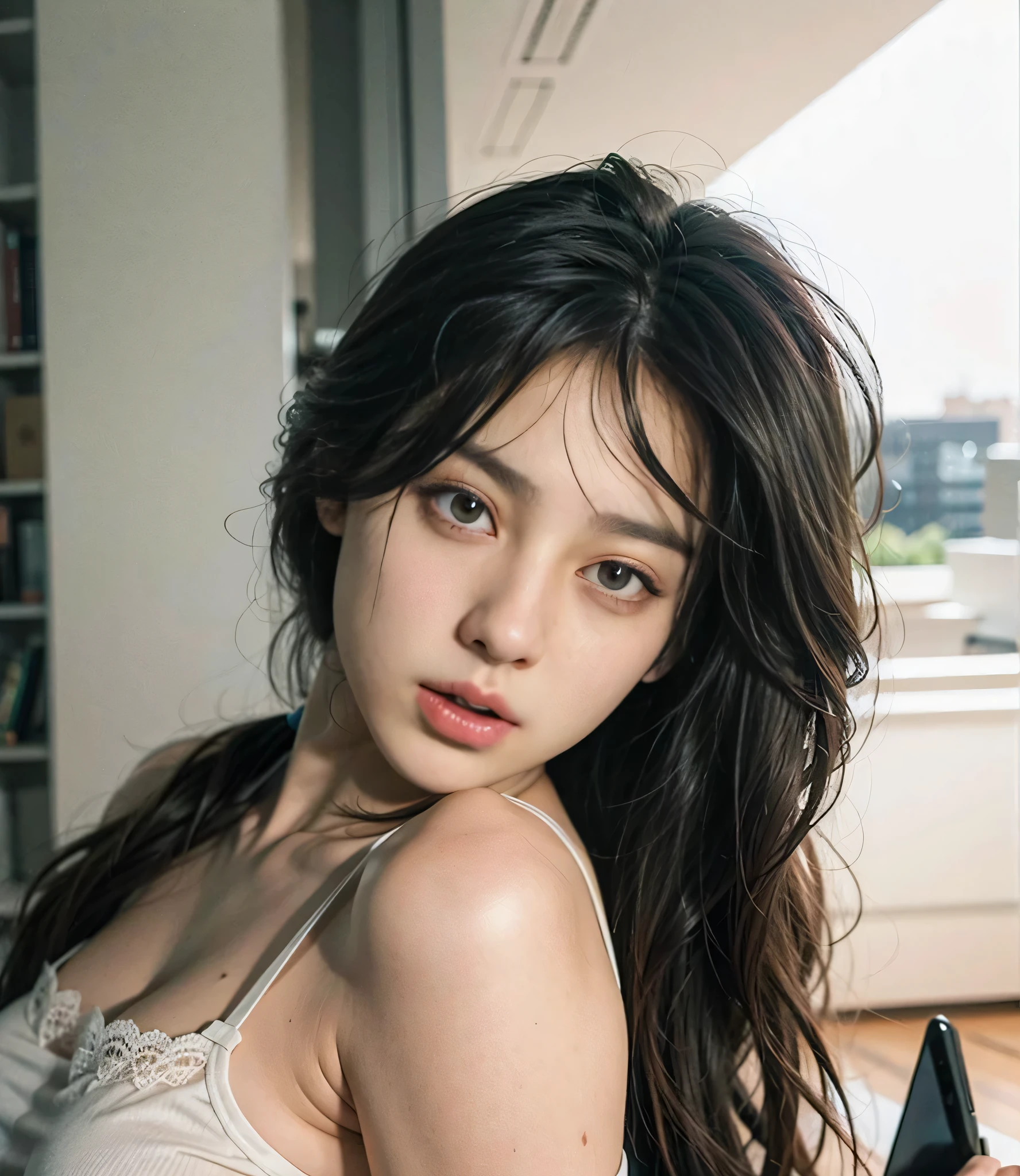 ​masterpiece、beste-Qualit、realisitic、(A hyper-realistic), (illustratio), (hight resolution), (8K), (extremely highly detailed), (The best illustrations), (beautiful detailed eyes), (beste-Qualit), (ultra-detailliert), (​masterpiece), (wall-paper), (details face), a bed、Upper body close-up,Armpit, Angel Lip,Plump,独奏,（Wearing a plummeted open shirt of white silk:1.5）, full of sweat, japanes, large full breasts, (camel's toe)、gigantic-breast、Luxury living room、Detailed white teeth、ultimate beauty girl、No bra、（Thick necklace of gold）、perfect teeth、Brown hair、Light makeup、Navel、
