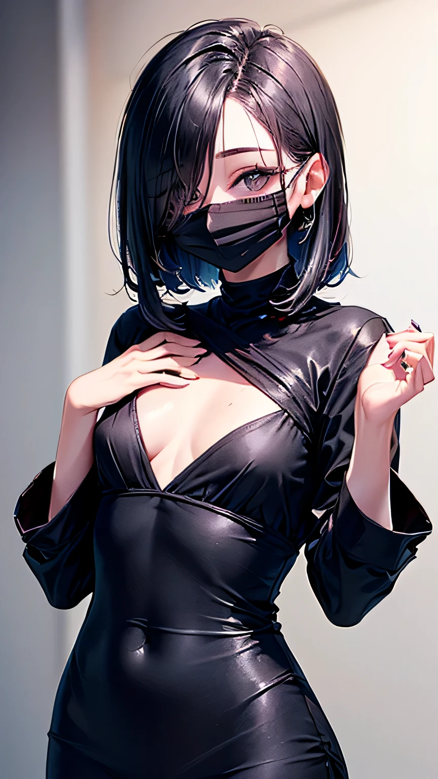 High resolution,high resolution,Girl,Black Hair,Short Hair,Purple Eyes,Slanted Eyes,Bad mood,boyish,slender,Toned body,Black Mask,,Moonlit Night,Ninja,Kunoichi,Tattoo,