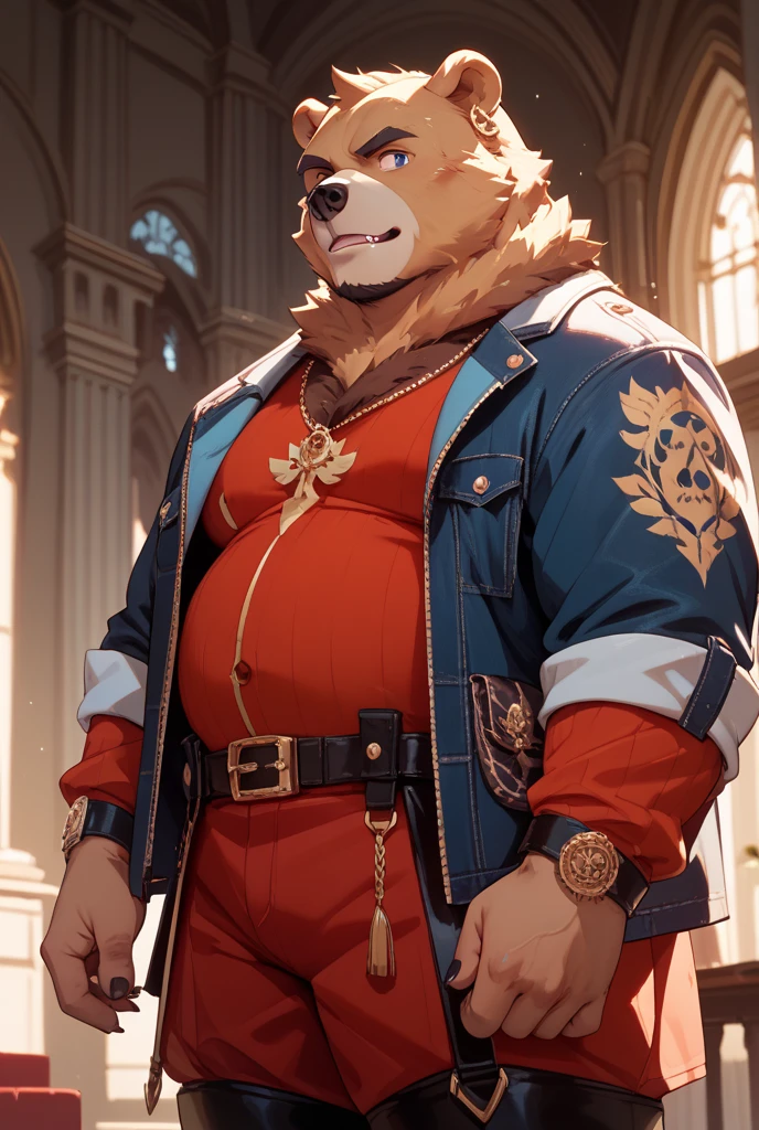 New Jersey 5 Furry,(Tiger),Solitary,Wildlife,(Chubby body),Strong muscles,Thick Arms,luxurious,Chubby cheeks,beard,Mature,Uncle,Black eyebrows,blue eyes,worried expression,(Black cloak),(Brown shorts),(((Medieval wineshop))),From Zixiong, Takemoto Arashi