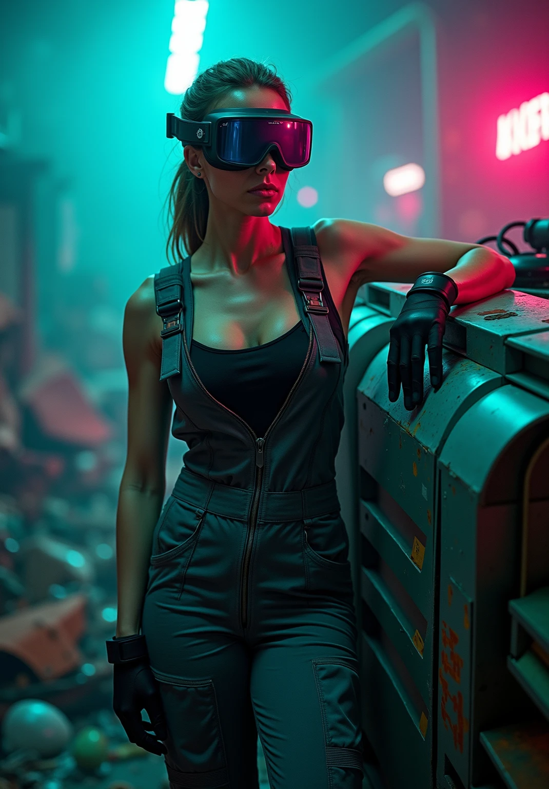A young female hacker sitting on the hood of an APC in a cyberpunk metropolis facing the viewer, right arm resting on her waist, left arm held forward holding a transparent smart tablet, short undercut haircut, immaculate skin, thoughtful look on her face, sweat on her skin, full lips, small breasts, strong legs, fullbody black and red skintight cyberpunk underarmor with intricate hexagon pattern, synthetic utility vest with attached wearable computer, black leather utility belt with multimeter and some probes attached, thigh high black latex boots, cutoff white gloves, no makeup, natural fingernails, emma watson, edgFut_clothing, neons, electric circuits