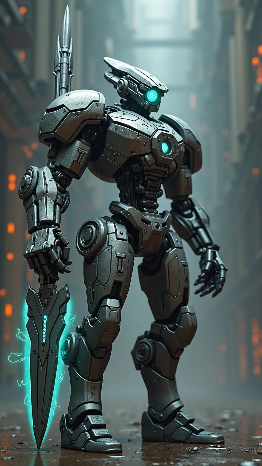 masterpiece, ultra highres, best quality, 3d digital art render, imposing robotic sentinel, sleek metallic body with weathered battle-worn textures, single large glowing cyan eye in center of angular head, asymmetrical armor plates, exposed mechanical joints with hydraulic pistons, holding advanced techno-spear with pulsing cyan energy blade, spear shaft with intricate technological patterns, energy conduits running through weapon, combat-ready stance, floating armor segments, shoulder-mounted sensors, mechanical servos and gears visible in gaps, dark gunmetal finish with cyan accent lights, energy particles emanating from spear tip, professional 3d modeling, metallic surface reflections, ambient occlusion, ray tracing, volumetric fog, unreal engine 5 render, sharp focus, dramatic low angle shot, cyberpunk aesthetic, rim lighting highlighting mechanical details, motion blur effects on floating parts