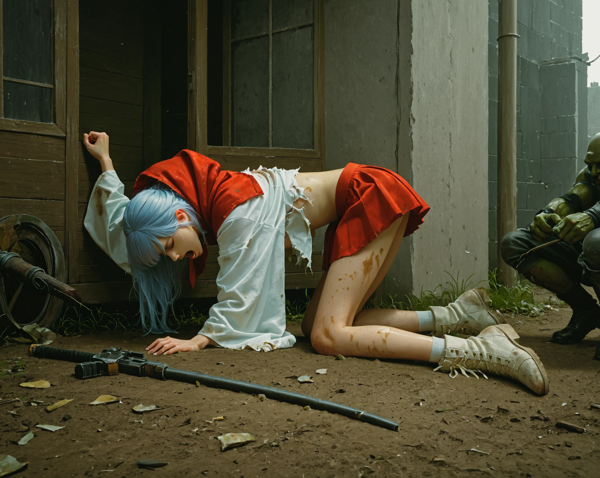 (Fox Girl, Fox Ears, Silver Hair, Fox Makeup, One Girl, Long Hair:1.6), (kimono, Kimono with open chest, A beautiful kimono with red and black patterns, I can see her cleavage, Open chest, Exposed skin:1.8), (Body measurements are 75-60-75!, Young girl body, Small breasts, Small breasts, Emphasize the chest, Ready your weapon, face down, Assault Rifle:1.9), Avatar, face, ???? face, Dominant representation, naughty face, Uplifting, Skin Texture, outside, Grassy field