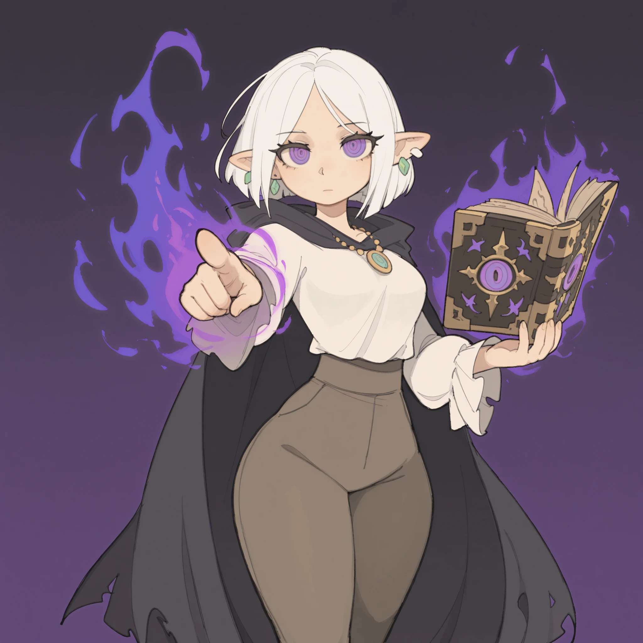 masterpiece, ultra-HD, impressionism, high detail, best quality, very aesthetic, 8k, best quality, beautiful, tmchng, 1girl, solo, short white hair, parted bangs, bob cut, purple eyes, pointy ears, almond-shaped eyes, eyelashes, circled eyes, ringed eyes, medium breasts, wide hips, narrow waist, thick thighs, white blouse, brown pants, black cloak, necklace, earrings, holding a magic grimoire, expressionless, purple magic aura, pointing at the viewer, standing, looking at the viewer, simple background, front view