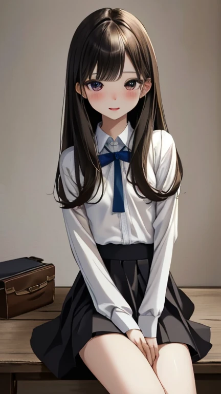 A 10-year-old elementary school girl with long black hair wearing a school uniform who lifts up her skirt to reveal white panties.