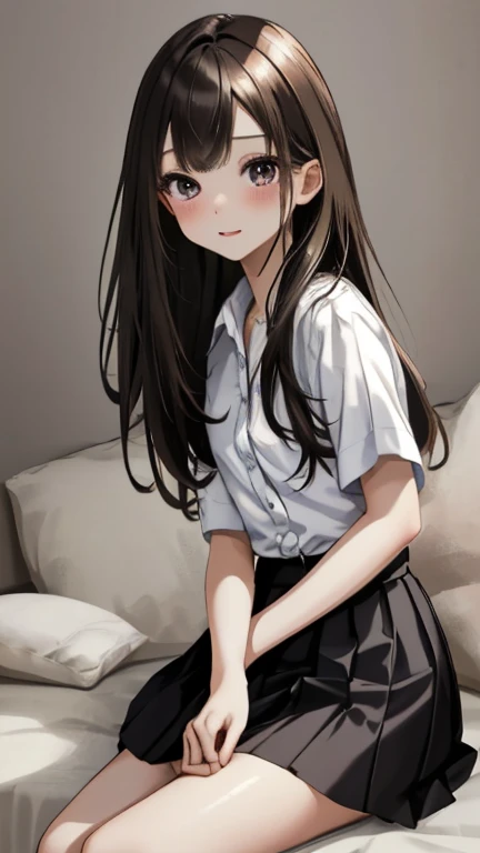 (masterpiece, best quality), realistic, sharp focus, ultra detailed, absurdres, highres, night, darkness, (cinematic lighting:1.2), 50mm portrait, sitting, indoor, bedroom, 1girl, full body, 15yo, cute, (slender,thick thighs:1.3), (small breasts:0.8), shiny skin, school uniform, white shirt, short sleeve, navy pleated mini skirt, black long hair, delicate facial features, view from above, look up, looking at viewer, (tears:1.3), (upset;1.0), (scared:1.3) 